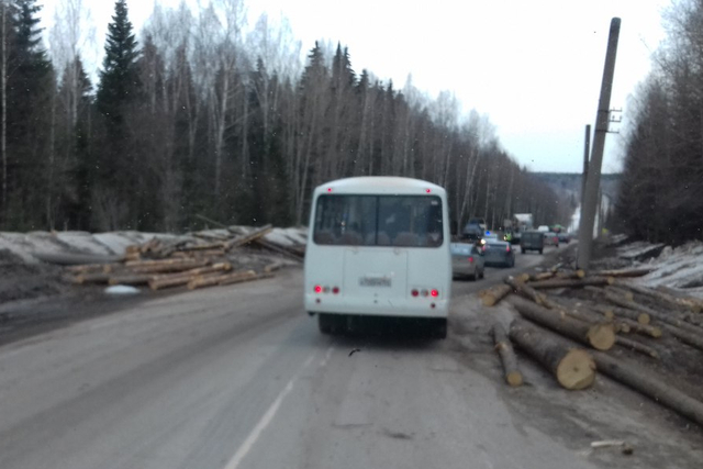 Лесовоз с бревнами опрокинулся на трассе в Пермском крае