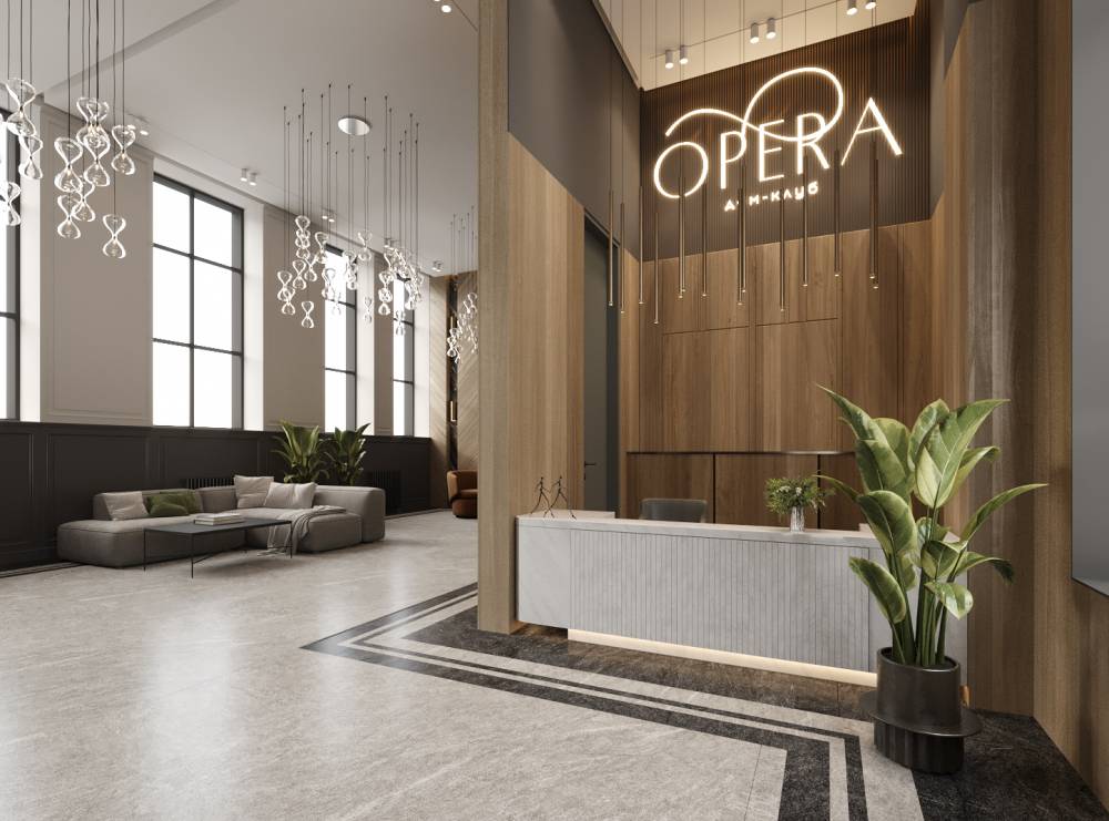 Лобби как произведение искусства с высотой потолков 6 метров