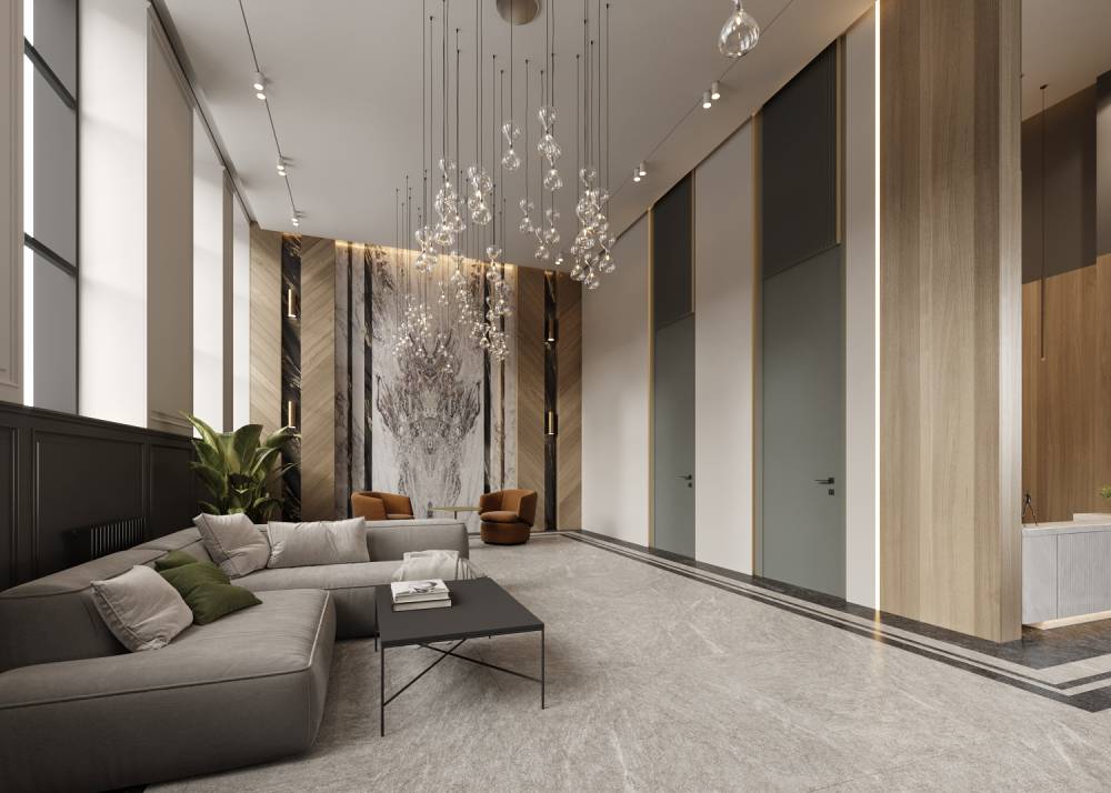 Лобби как произведение искусства с высотой потолков 6 метров