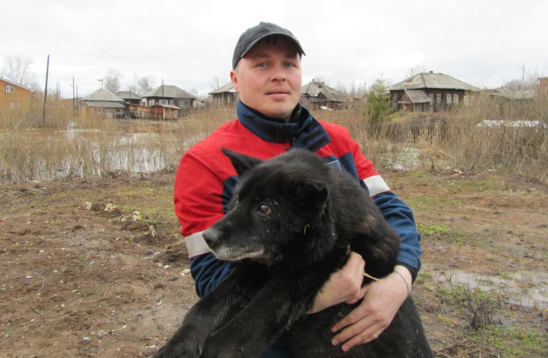 В Прикамье энергетик на лодке спас из затопленного дома слепую собаку